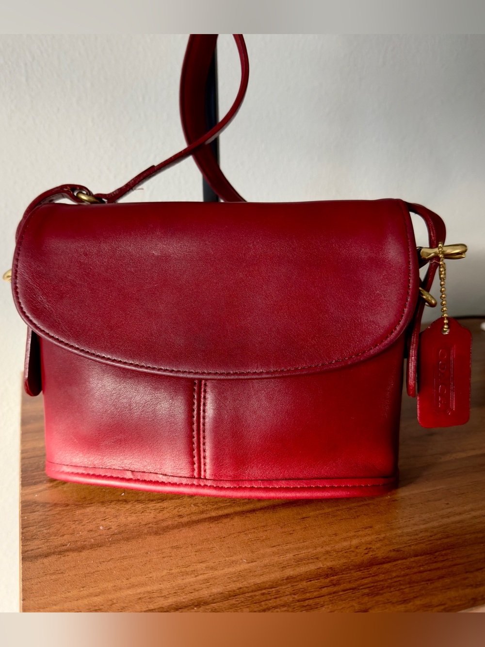 Vintage Coach 9801 Equestrian Crossbody Bag Red Burgundy Leather Brass 1997